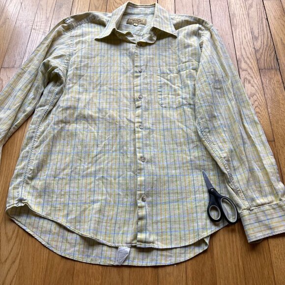 Paul Stuart Size L Yellow Green Plaid 100% Cotton Long Sleeve Button-Down Shirt - Picture 3 of 16
